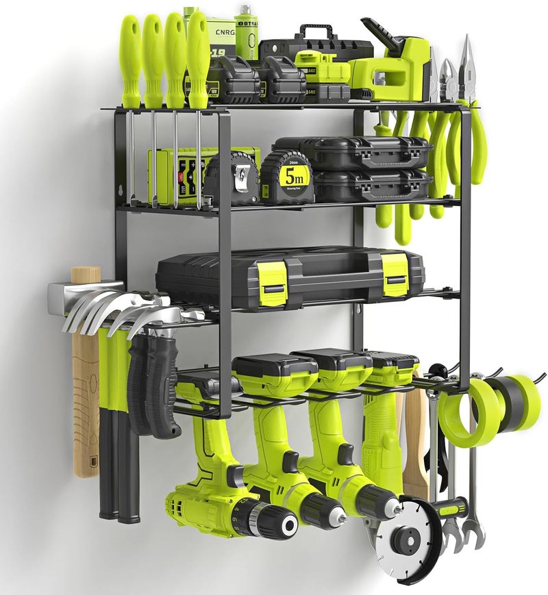 SUNALLY Store Power Tool Organizer, 4 Drill Holder Wall Mount, Garage Tool Organizer and Storage with Screwdriver Holder, Garage Organization, 4 Layer Cordless Drill Holder with Hammer Holder - Image 1